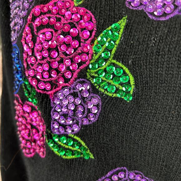Work In Progress Sequin Sweater Med Black Floral Silk 80s Glam Holiday Vintage - Picture 3 of 12
